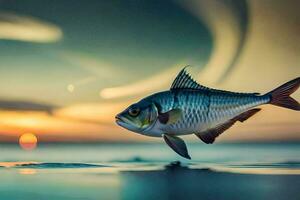 ein Fisch ist Springen aus von das Wasser beim Sonnenuntergang. KI-generiert foto