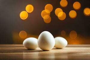 drei Weiß Eier auf ein hölzern Tabelle mit ein verschwommen Hintergrund. KI-generiert foto