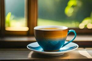 ein Tasse von Tee auf ein Fenster Schwelle. KI-generiert foto