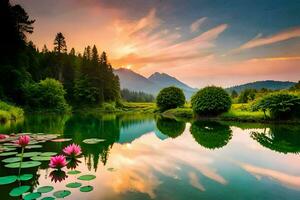 ein See mit Blumen und Berge im das Hintergrund. KI-generiert foto