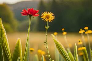 zwei rot Blumen im ein Feld mit Grün Gras. KI-generiert foto