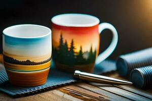 zwei Kaffee Tassen mit ein Landschaft gemalt auf ihnen. KI-generiert foto