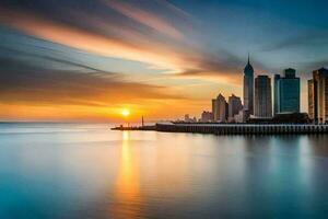 das Sonne setzt Über das Stadt Horizont im Dubai. KI-generiert foto