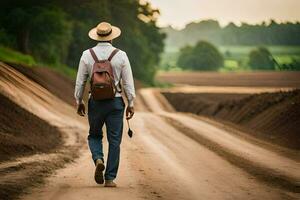 ein Mann mit ein Hut und Rucksack Gehen Nieder ein Schmutz Straße. KI-generiert foto