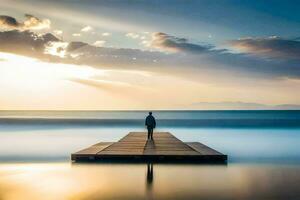 ein Mann Stehen auf ein Seebrücke suchen aus beim das Ozean. KI-generiert foto