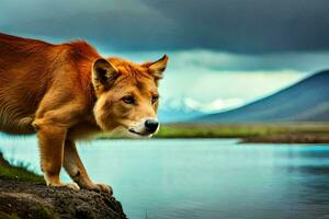 ein Hund Stehen auf das Kante von ein See. KI-generiert foto