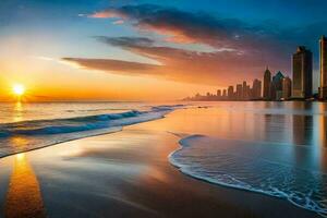 das Sonne steigt an Über das Stadt Horizont im Dubai. KI-generiert foto