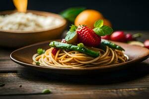 Spaghetti mit Spargel und Erdbeeren auf ein hölzern Tisch. KI-generiert foto