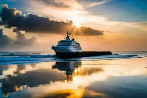 ein Boot auf das Strand beim Sonnenuntergang. KI-generiert foto