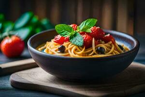 Spaghetti mit Tomaten und Basilikum Blätter im ein hölzern Schüssel. KI-generiert foto