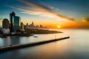 das Sonne steigt an Über das Stadt Horizont im Dubai. KI-generiert foto