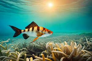 ein Fisch Schwimmen im das Ozean mit Anemonen. KI-generiert foto