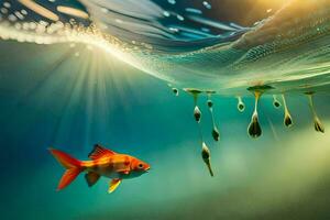 ein Fisch Schwimmen im das Wasser mit ein Netz. KI-generiert foto