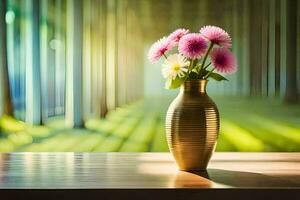 ein Vase mit Blumen auf ein Tabelle im Vorderseite von ein Fenster. KI-generiert foto