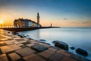 ein Sonnenuntergang Über das Meer mit ein Uhr Turm im das Hintergrund. KI-generiert foto