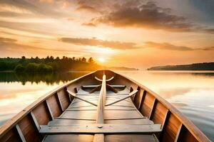 das Boot ist auf das Wasser beim Sonnenuntergang. KI-generiert foto