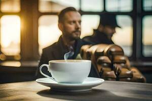 ein Mann Sitzung beim ein Tabelle mit ein Tasse von Kaffee. KI-generiert foto