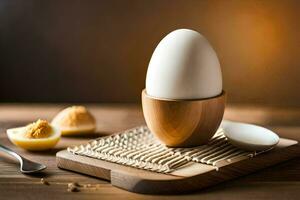 ein Ei im ein Ei Tasse auf ein hölzern Tisch. KI-generiert foto