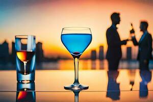 ein Glas von Blau Flüssigkeit mit ein Sonnenuntergang im das Hintergrund. KI-generiert foto