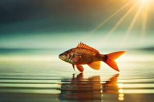 ein Fisch ist Stehen auf das Wasser mit das Sonne leuchtenden. KI-generiert foto