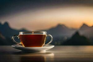 ein Tasse von Tee auf ein Tabelle im Vorderseite von Berge. KI-generiert foto
