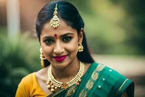 ein schön indisch Frau im ein Grün Sari. KI-generiert foto
