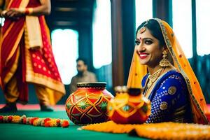 ein schön indisch Braut im traditionell Kleidung sitzt auf das Fußboden mit ein Topf. KI-generiert foto