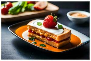 ein Teller mit ein Sandwich und ein Erdbeere. KI-generiert foto