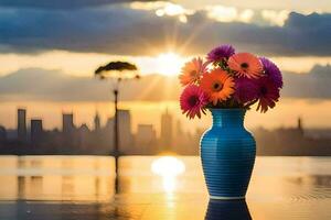 ein Vase mit Blumen auf ein Tabelle im Vorderseite von ein Stadt Horizont. KI-generiert foto