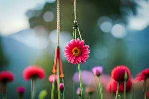 ein Rosa Blume ist hängend von ein Schnur. KI-generiert foto