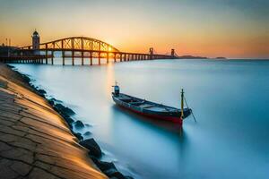 ein Boot ist schwebend im das Wasser beim Sonnenuntergang. KI-generiert foto