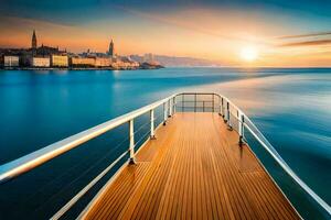 ein hölzern Deck auf ein Boot beim Sonnenuntergang. KI-generiert foto