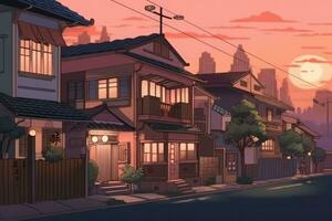 japanisch Stadt Sonnenuntergang Straße Anime Kunst Landschaft. generieren ai foto