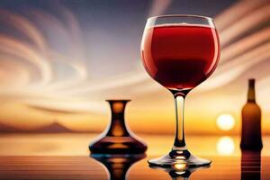 ein Glas von rot Wein auf ein Tabelle mit ein Sonnenuntergang im das Hintergrund. KI-generiert foto