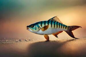 ein Fisch ist Gehen auf das Strand. KI-generiert foto