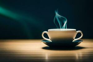 ein Tasse von Kaffee auf ein Tabelle mit Rauch Kommen aus von Es. KI-generiert foto
