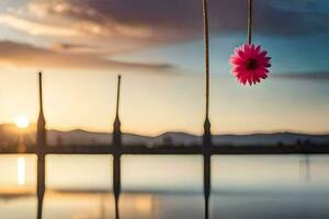 ein Rosa Blume hängend von ein Seil Über ein Körper von Wasser. KI-generiert foto