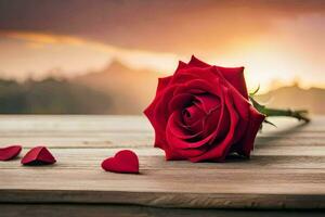 ein Single rot Rose auf ein hölzern Tabelle mit Herzen verstreut um Es. KI-generiert foto