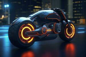 futuristisch Motorrad auf das Nacht Straße Konzept ai generiert foto