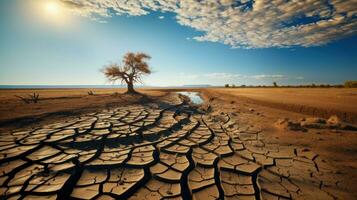 einsam Baum auf geknackt Boden im Wüste. Klima Veränderung Konzept. foto