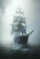 neblig Erscheinung von ein Phantom Schiff entstehenden von ein nebelig Seelandschaft foto