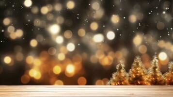 Nahansicht von ein Licht braun hölzern Tabelle mit ein Weihnachten Baum im ein verschwommen Winter Nacht Hintergrund, Ideal zum Produkt Platzierung im das festlich Urlaub Jahreszeit, ai generativ foto
