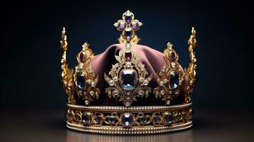 detailliert König Krone gemacht von Gold isoliert auf das einfach Hintergrund, dekoriert mit kostbar Juwelen foto