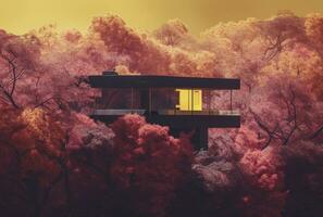 groß Luxus Haus Außen mit Frühling Blühen Rosa Bäume, ai generiert foto
