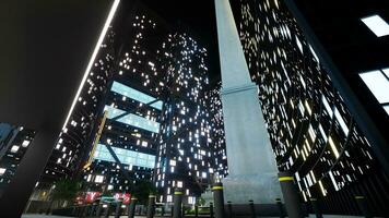 hoch Büro Gebäude glühend beim Nacht mit Stadt Beleuchtung, modern Innenstadt mit futuristisch die Architektur und Wolkenkratzer. städtisch Landschaft Metropole Design im Stadt. 3d machen Animation. foto