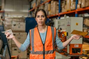 weiblich Arbeit Ingenieur zeigen Unzufriedenheit mit Gehalt erhalten. Mitarbeiter Industrie Arbeiter unzufrieden weniger Bonus Kasse Zahlen foto