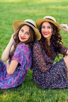 sonnig Sommer- Porträt von zwei heiter Mädchen Zwillinge Sitzung auf Grün Wiese und genießen Zeit zusammen. foto