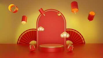 3d rot Hintergrund mit Chinesisch Neu Jahr minimalistisch Podium, geeignet zum Produkt Beförderung foto