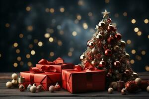 ai generativ Hintergrund von Weihnachten Baum und rot Geschenk Box auf ein Weihnachten leeren Hintergrund mit Kopieren Raum foto