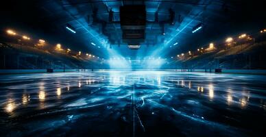 Eishockey Stadion, leeren Sport Arena mit Eis Eisbahn, kalt Hintergrund - - ai generiert Bild foto